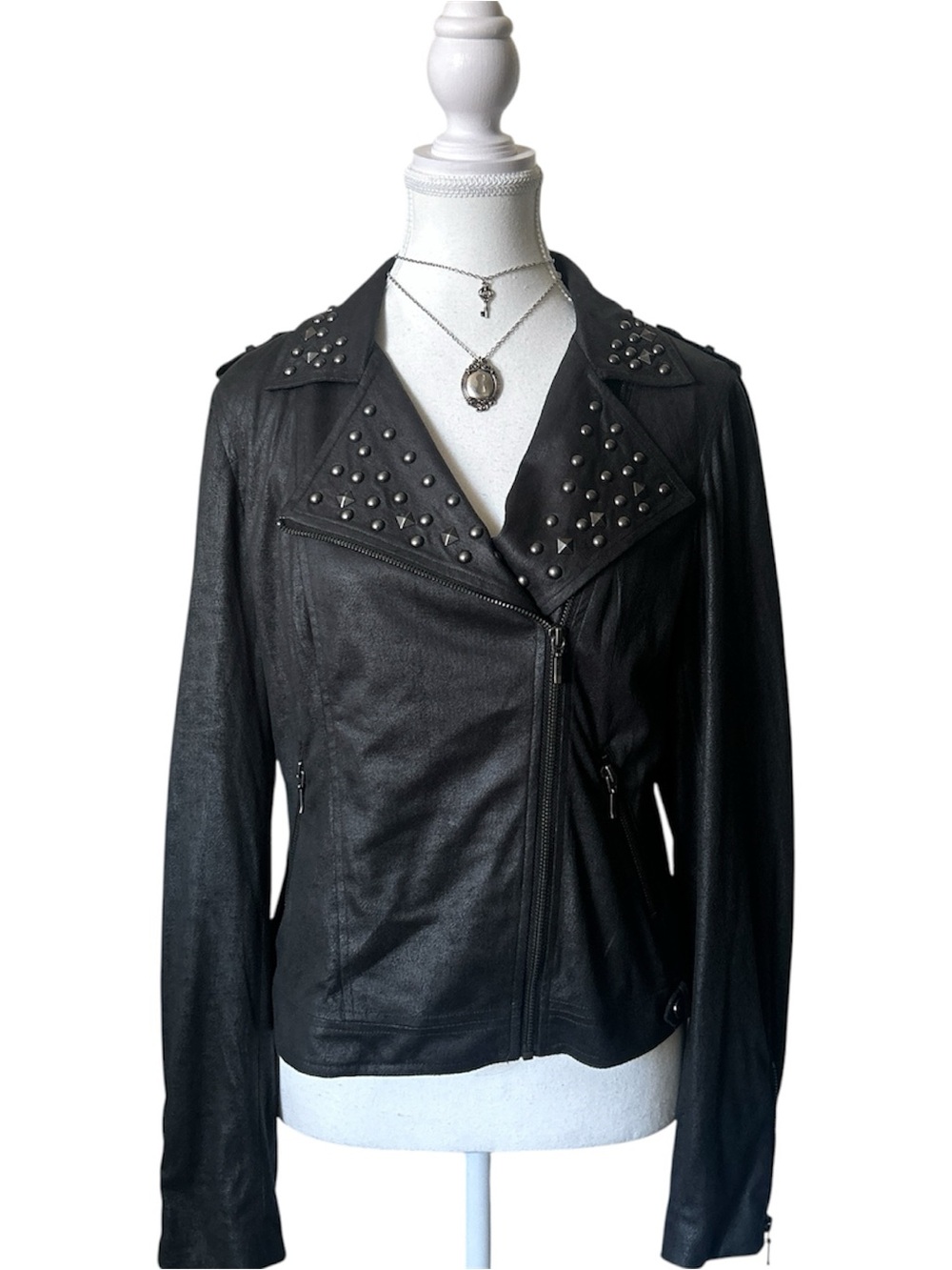 Y2K Grunge “Bianca Nygard” Grey Studded Asymmetrical Zip-up Jacket - Picture 2 of 7